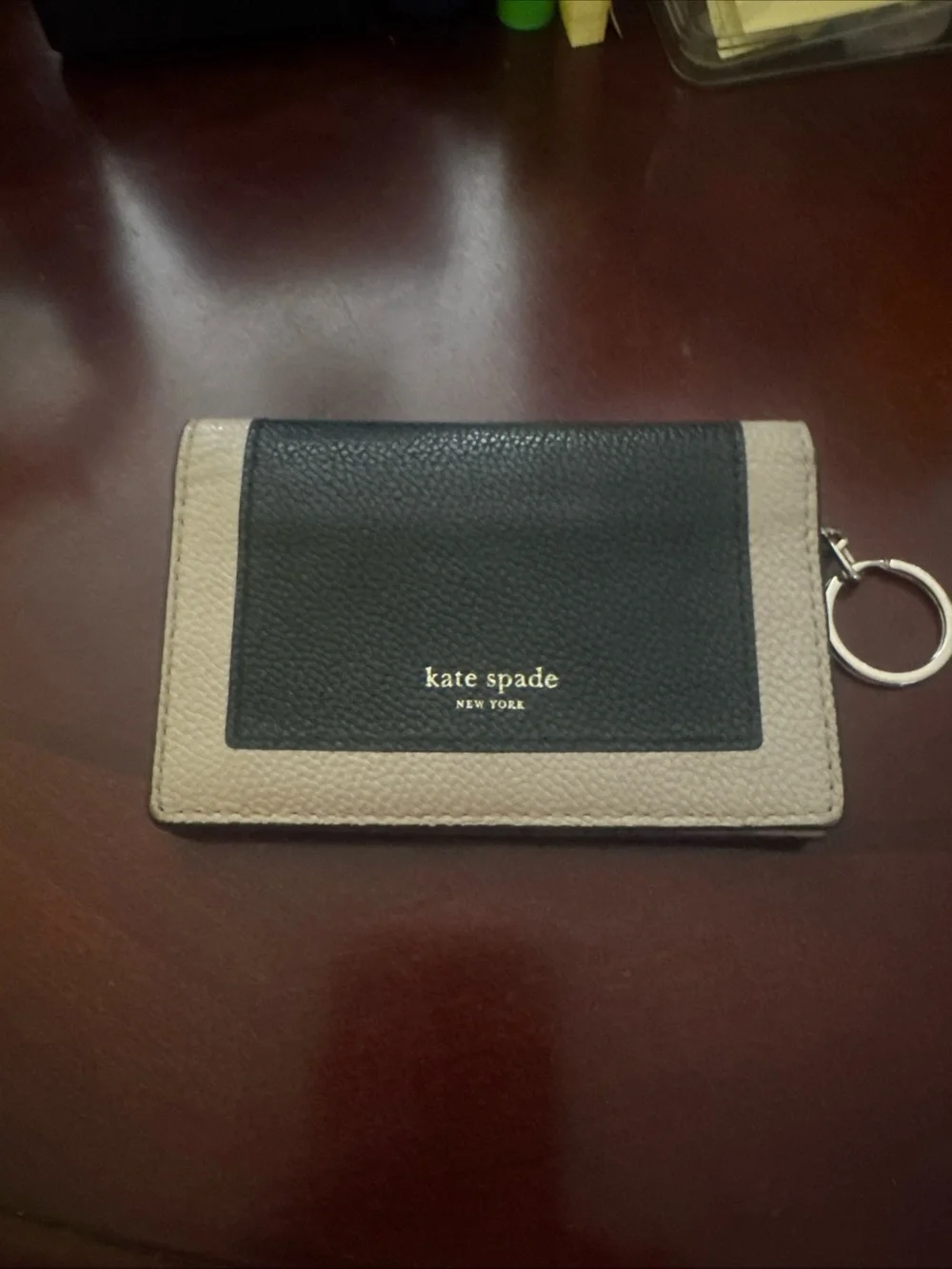 kate spade Two-Tone Pebbled Leather Card Case in Black and Taupe